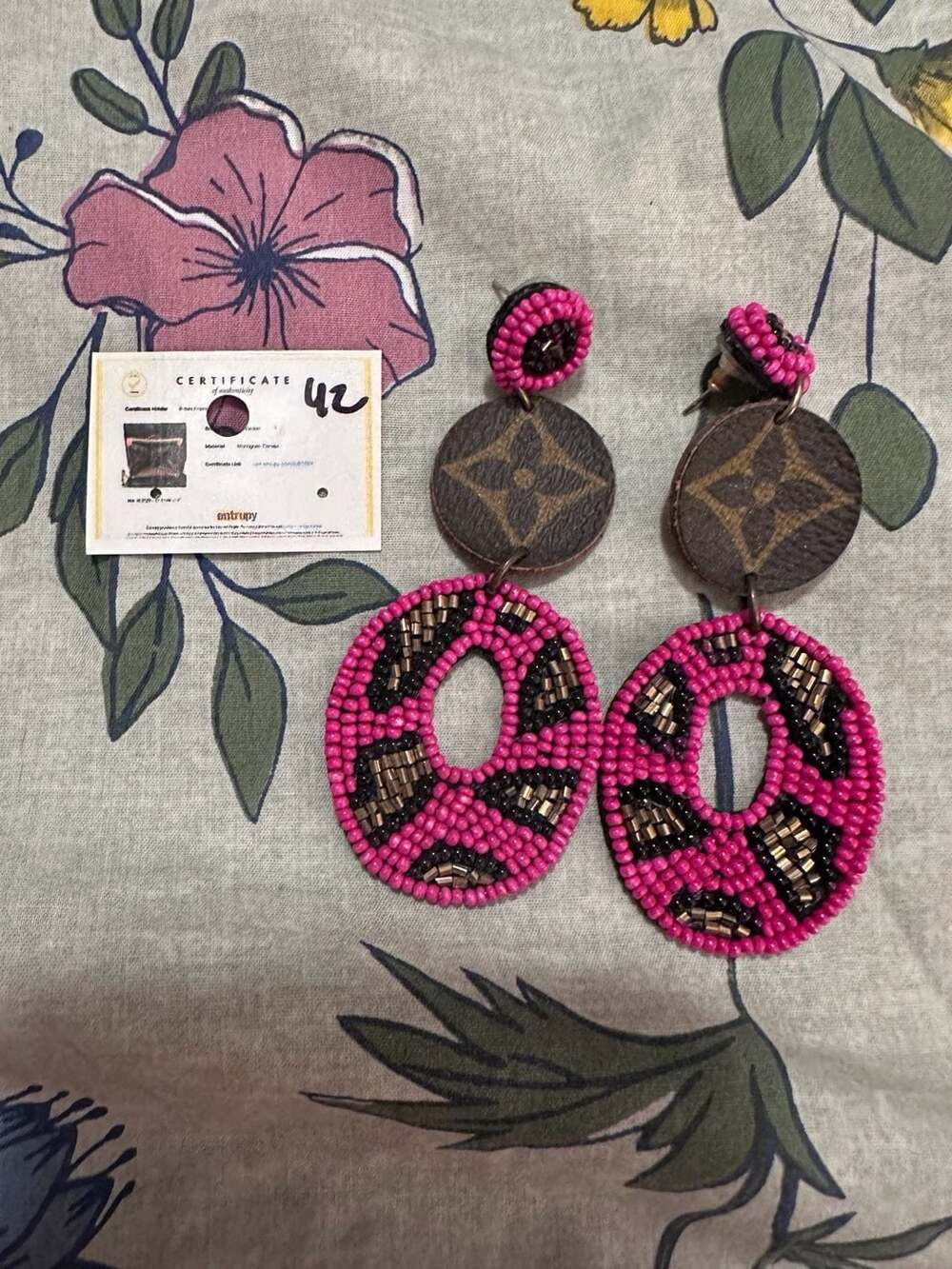 Upcycled Louis Vuitton Monogram Canvas Pink Beaded Statement Earrings